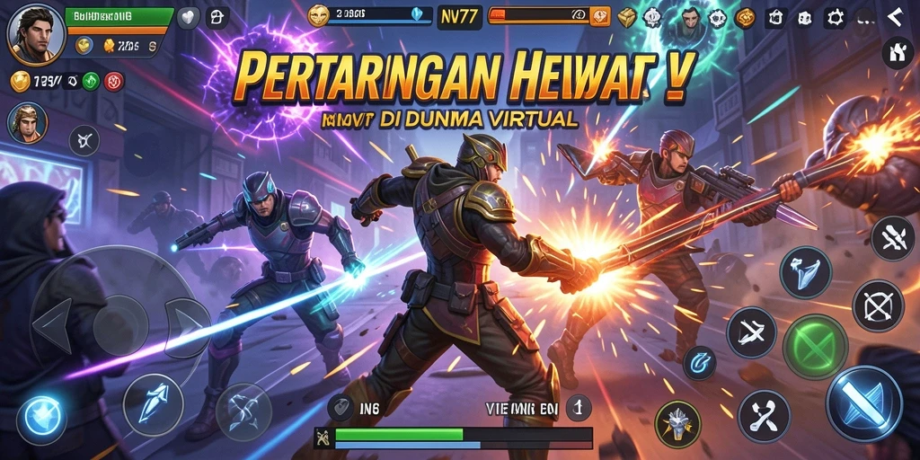 Screenshot gameplay NV77 menampilkan pertarungan intens antara karakter-karakter unik.