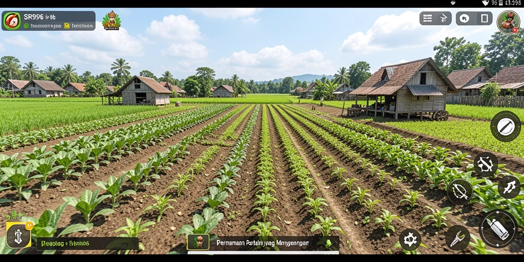 Screenshot gameplay SR996 menampilkan lahan pertanian yang subur dan aktivitas bertani.